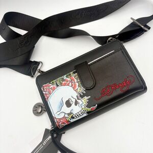 Ed Hardy Black Vegan Leather Wallet Crossbody Bag Skull Rose Tattoo Design